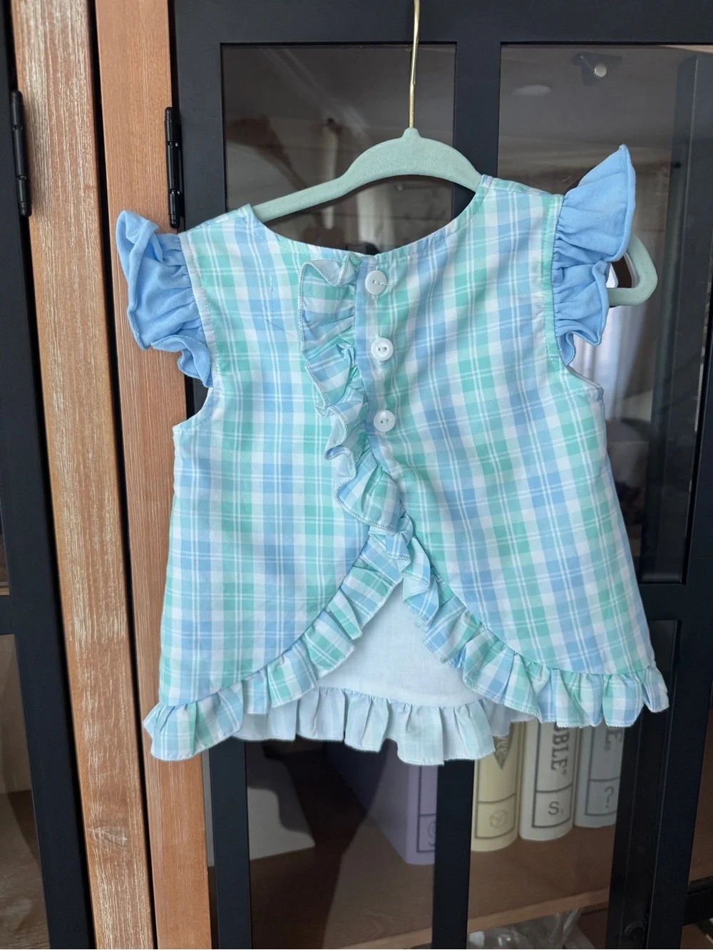 Golf applique embroidered ruffle gingham top dress baby toddler girl set bloomer